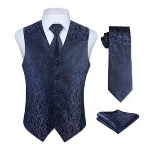 New 3PC Men's Paisley Floral Suit Vest Navy